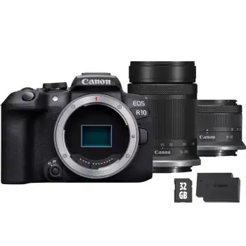 Canon EOS R10 Mirrorless Camera + RF-S 55-210mm Lens + RF-S 18-45mm Lens + SD Card + Spare Battery
